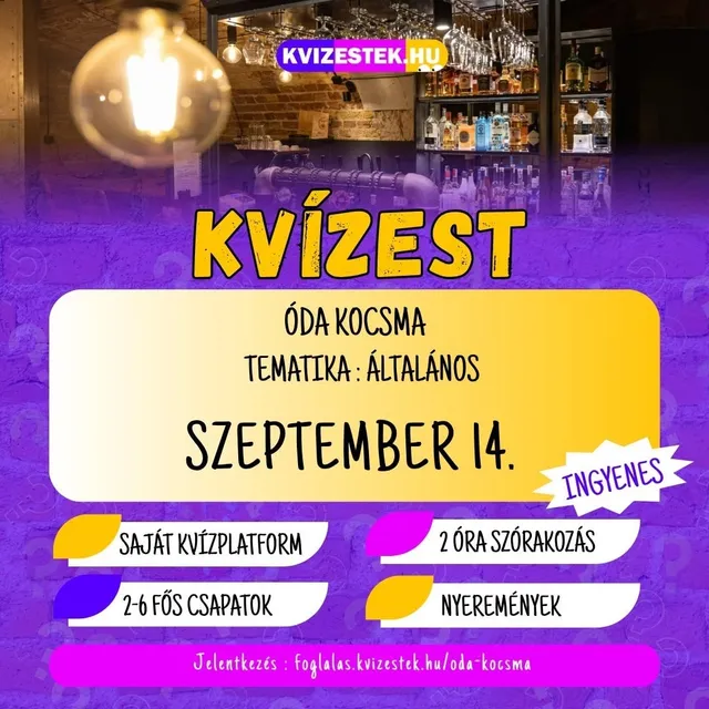 Kvízest plakát — Óda Kocsma, általános tematika, szeptember 14., ingyenes, 2–6 fős csapatok, jelentkezés a foglalas.kvizestek.hu/oda-kocsma címen